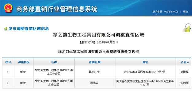 綠之韻獲國家商務(wù)部批準(zhǔn)，新增黑龍江、河北兩省直銷區(qū)域